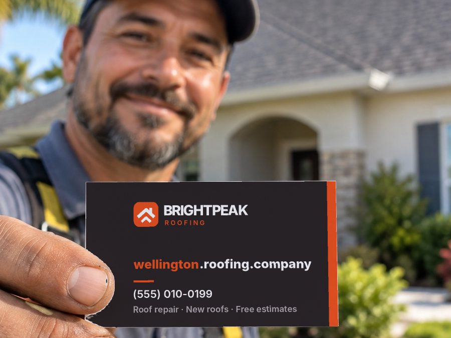 wellington.roofing.company on a roofer's business card