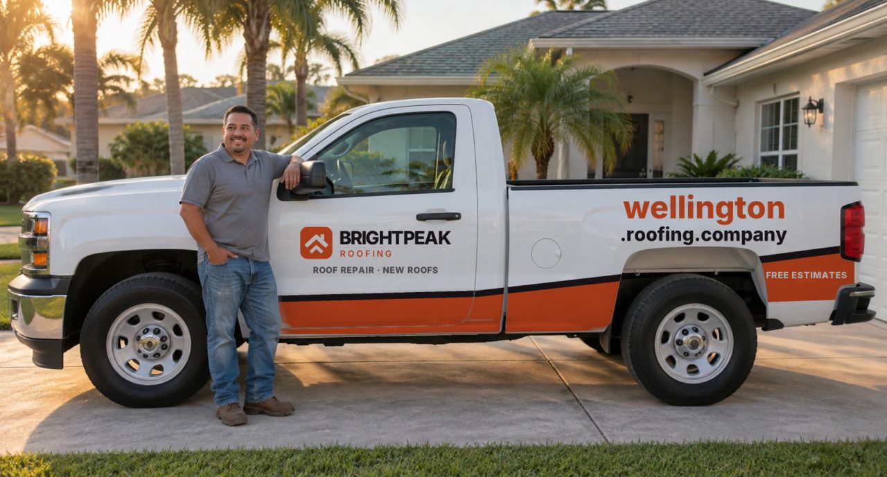 wellington.roofing.company painted on the side of a white work truck
