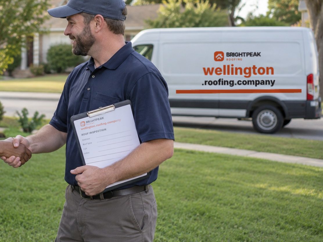wellington.roofing.company on a roofing van and an inspection form